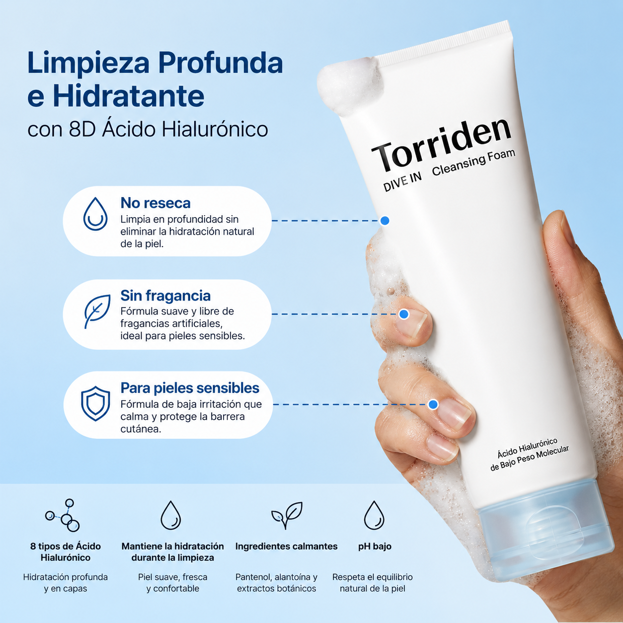 Torriden DIVE-IN Espuma Limpiadora con Ácido Hialurónico de Bajo Peso Molecular